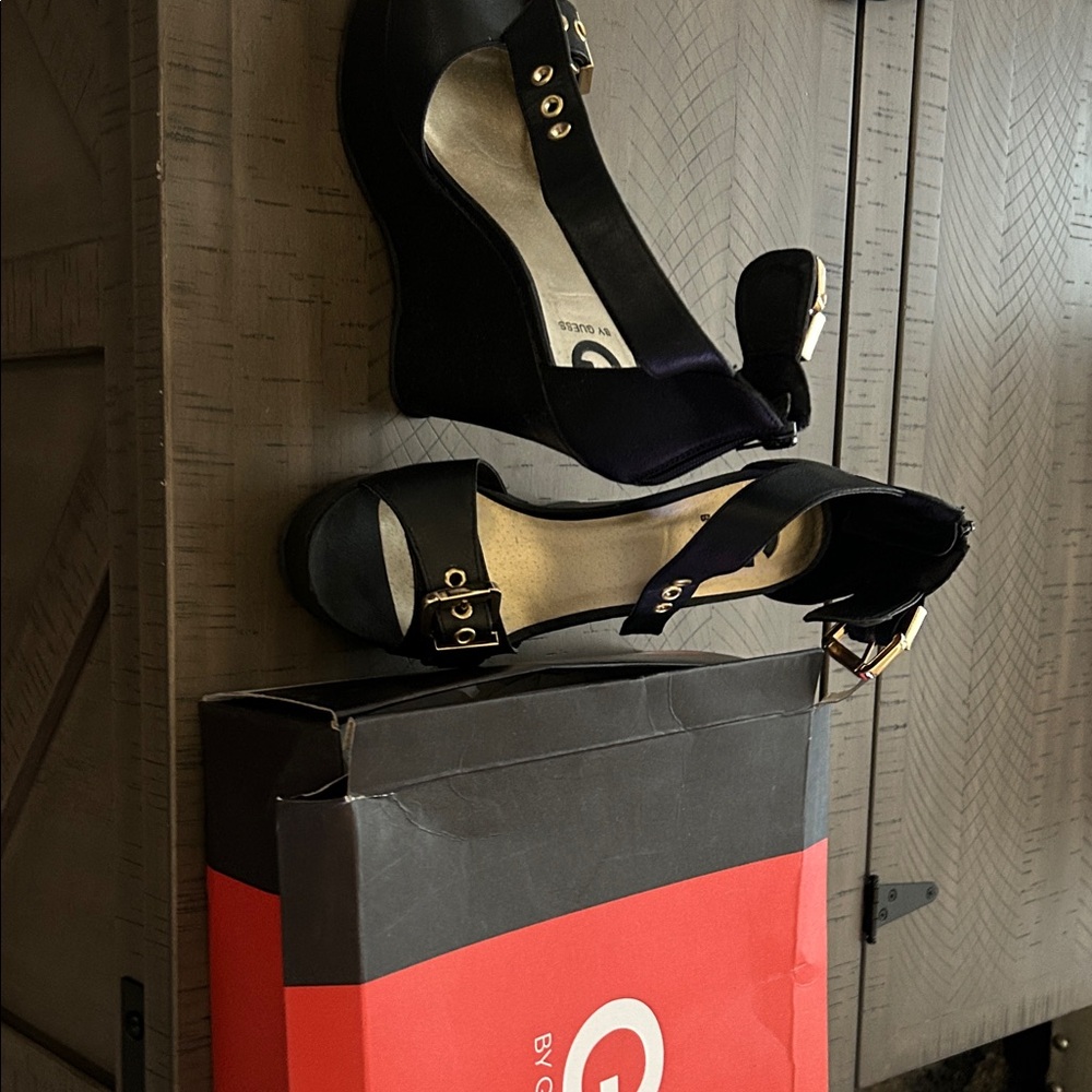 Guess Black Wedge Sandals with Gold Details